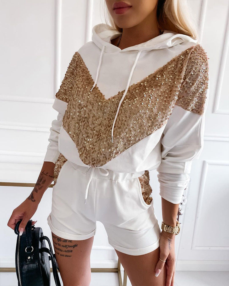 New Sequin Stitching Casual Hooded Suit Shorts ACLOSY