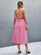 Buttoned Halter Neck Frill Trim Midi Dress Trendsi