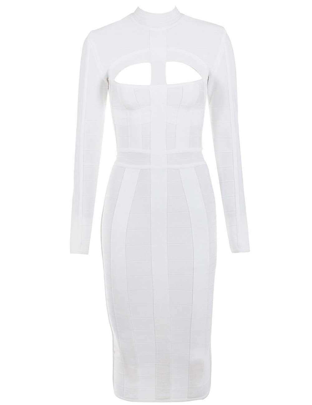 Cut-Out Long Sleeves Party Bandage Clubwear Midi Dress-White aclosy