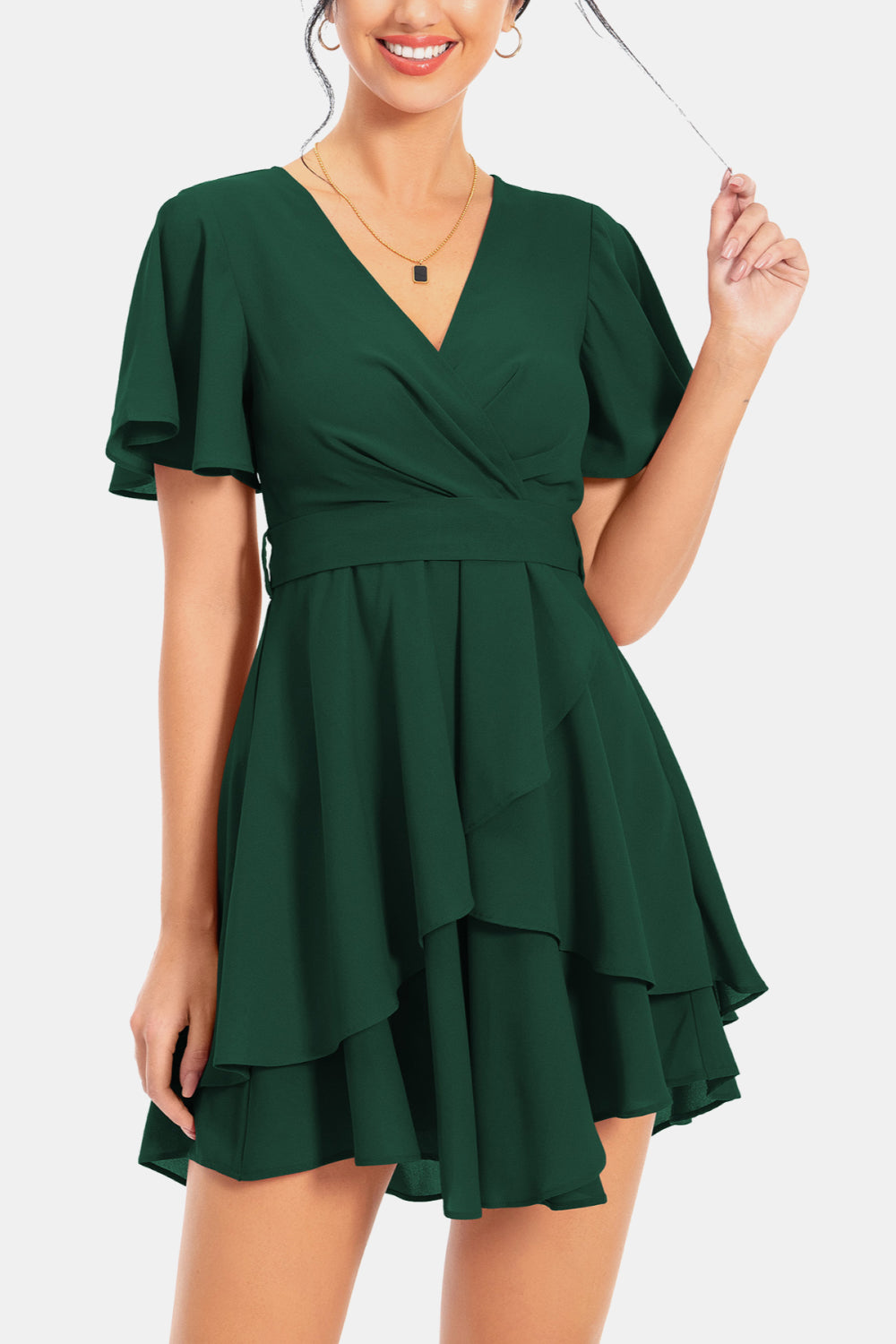 Surplice Neck Flutter Sleeve Dress Trendsi