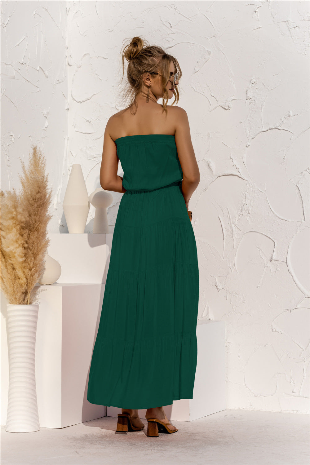 Strapless Tie Waist Tiered Maxi Dress Trendsi
