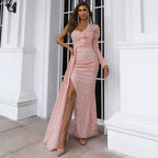 New Temperament Long Sleeved Party Split Evening Dress aclosy