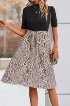 Printed Short Sleeve Belted Dress Trendsi