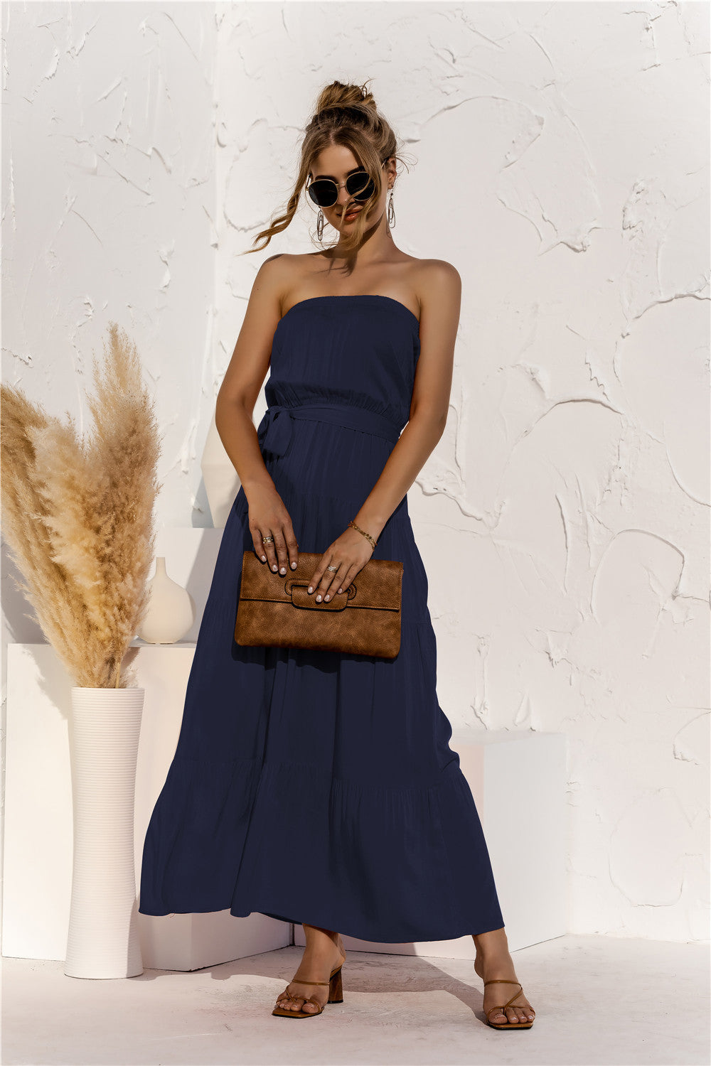 Strapless Tie Waist Tiered Maxi Dress Trendsi