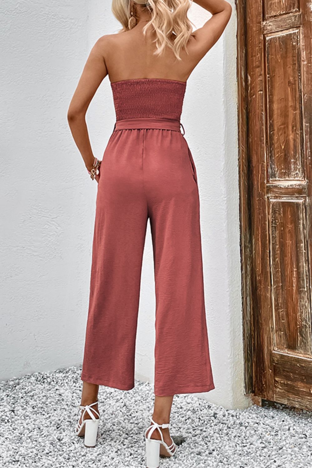 Decorative Button Strapless Smocked Jumpsuit with Pockets Trendsi