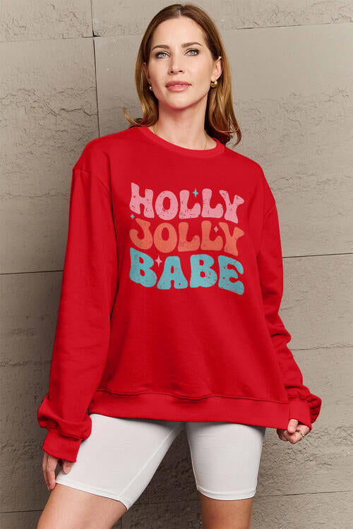 Simply Love Full Size HOLLY JOLLY BABE Long Sleeve Sweatshirt Trendsi