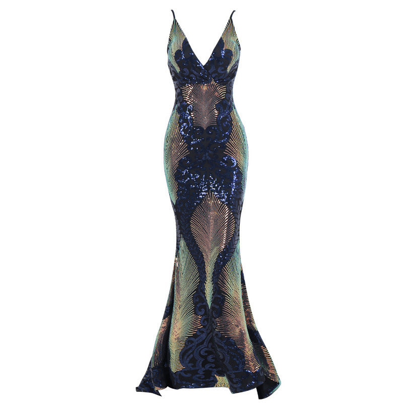 V-neck pattern sequined fishtail dress aclosy