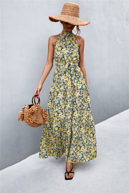 Printed Sleeveless Tie Waist Maxi Dress Trendsi