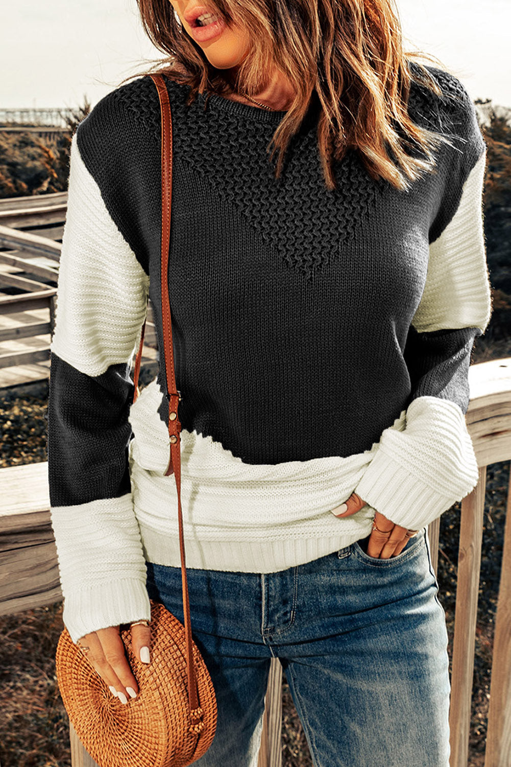 Two-Tone Openwork Rib-Knit Sweater Trendsi