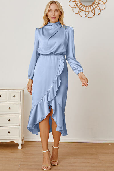 Mock Neck Ruffled Asymmetrical Dress Trendsi