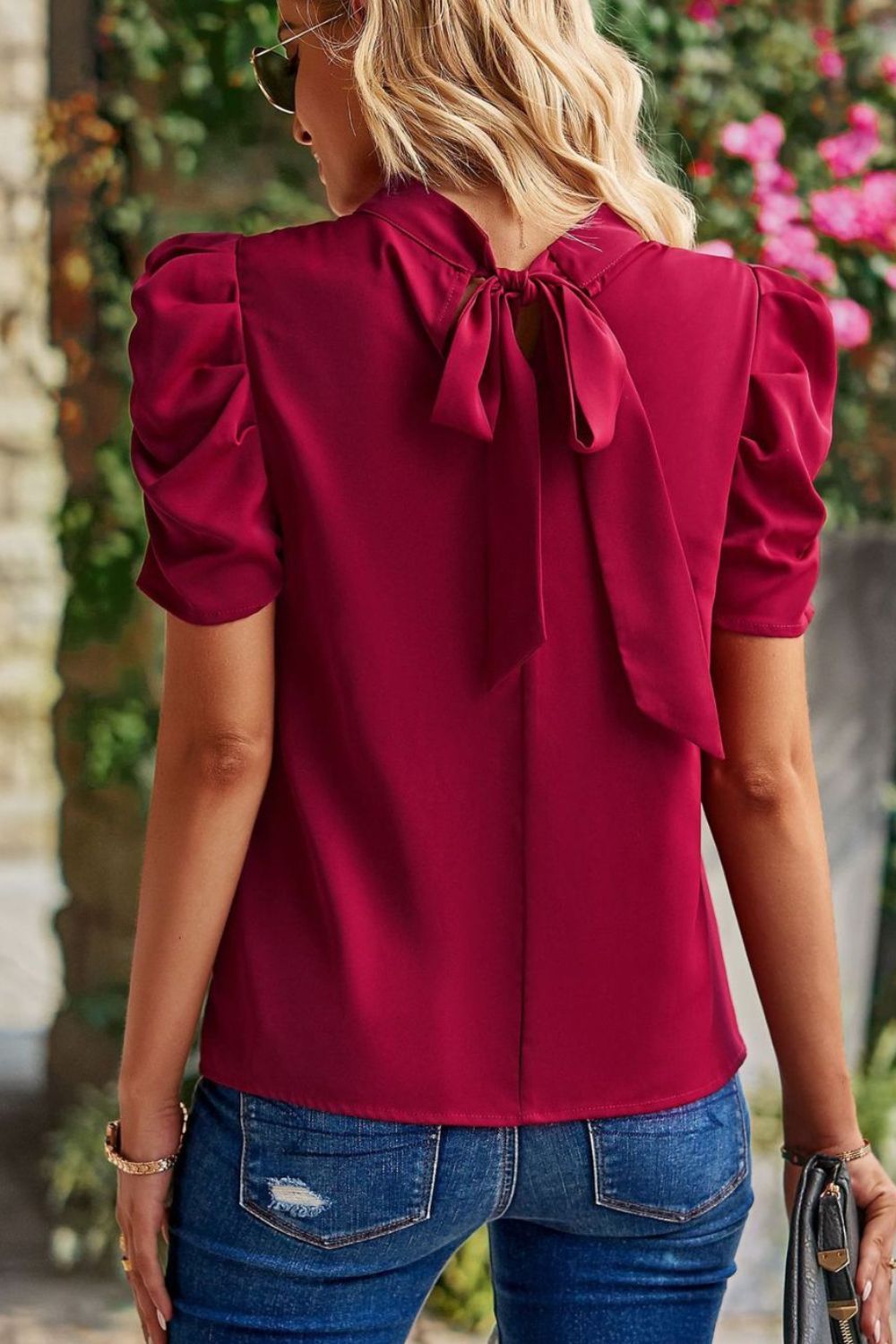 Tie Back Gathered Detail Puff Sleeve Top Trendsi