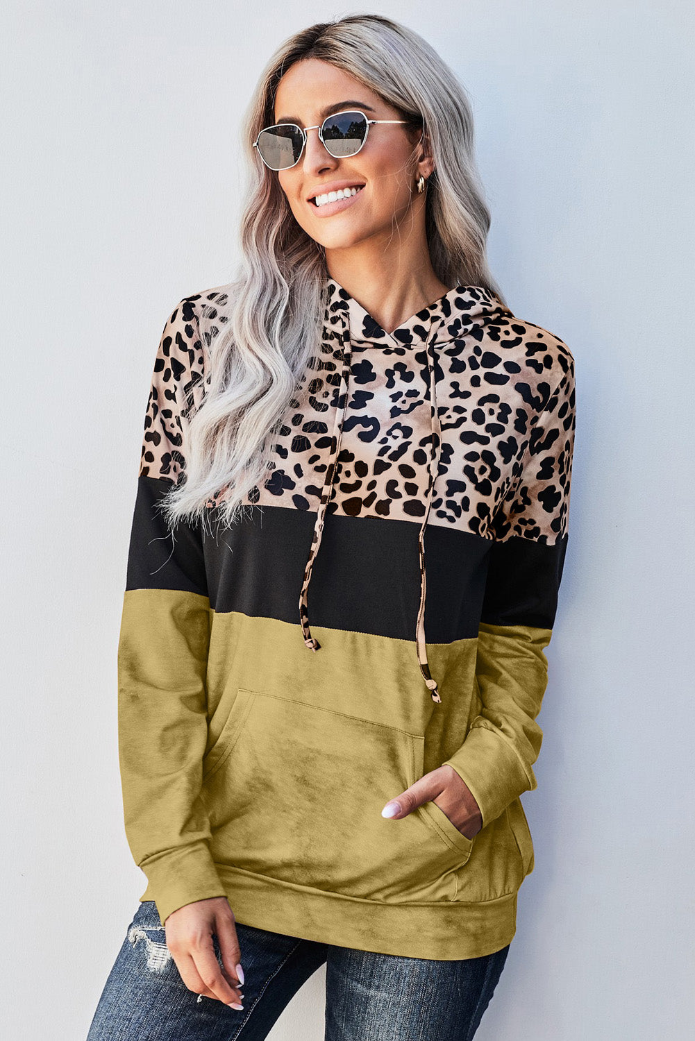 Leopard Color Block Hoodie Trendsi