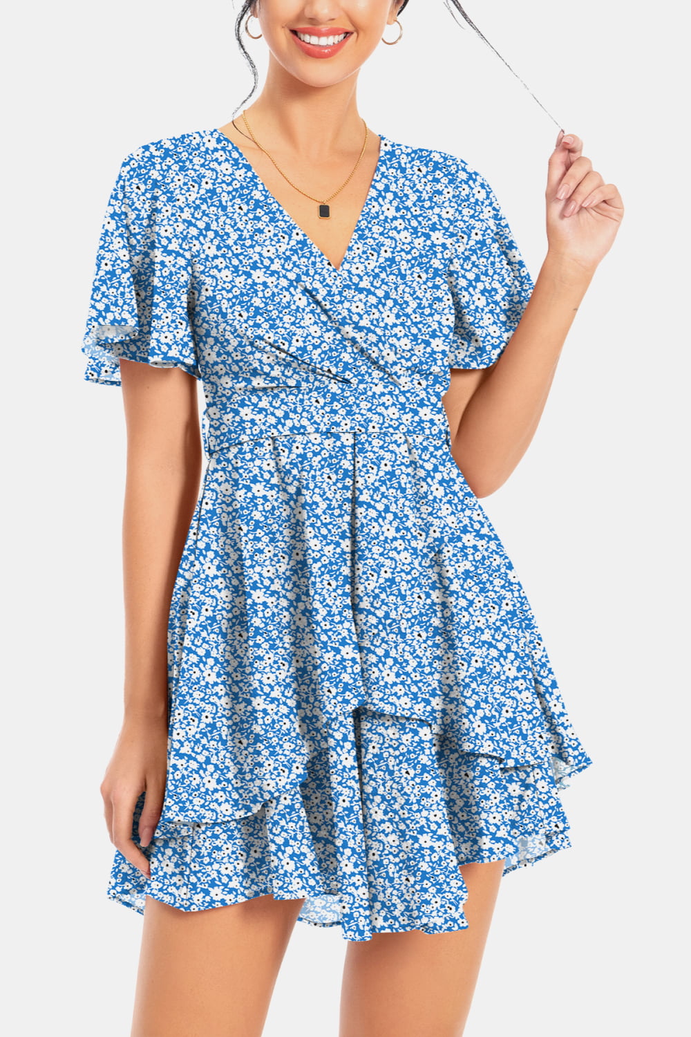 Surplice Neck Flutter Sleeve Dress Trendsi