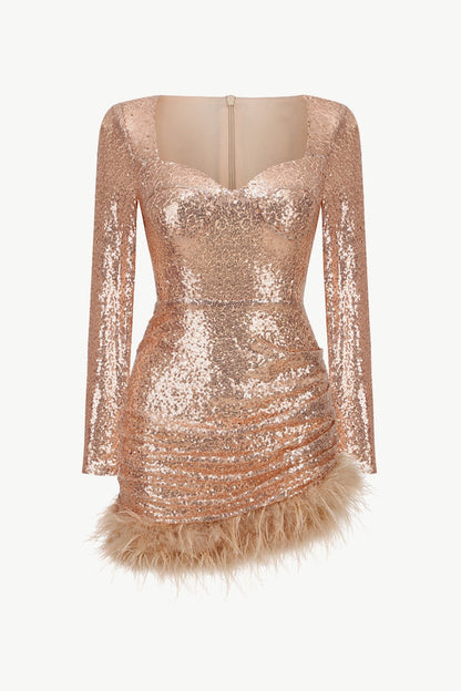 Sequin Sweetheart Neck Feather Hem Mini Dress-Gold Trendsi