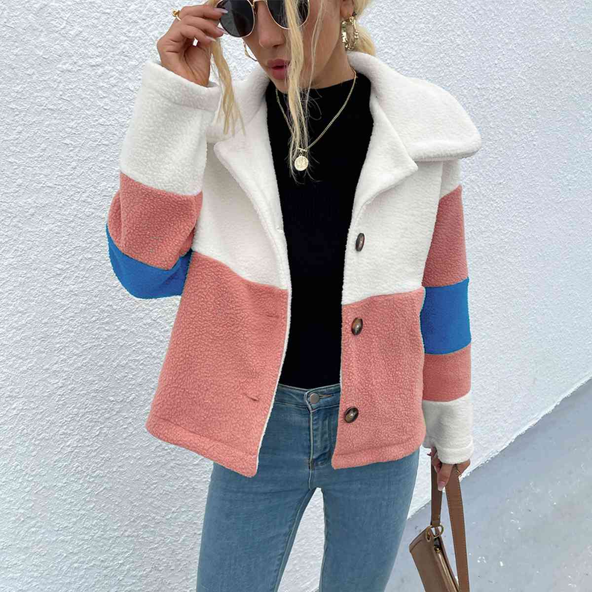Color Block Button Down Collared Jacket Trendsi