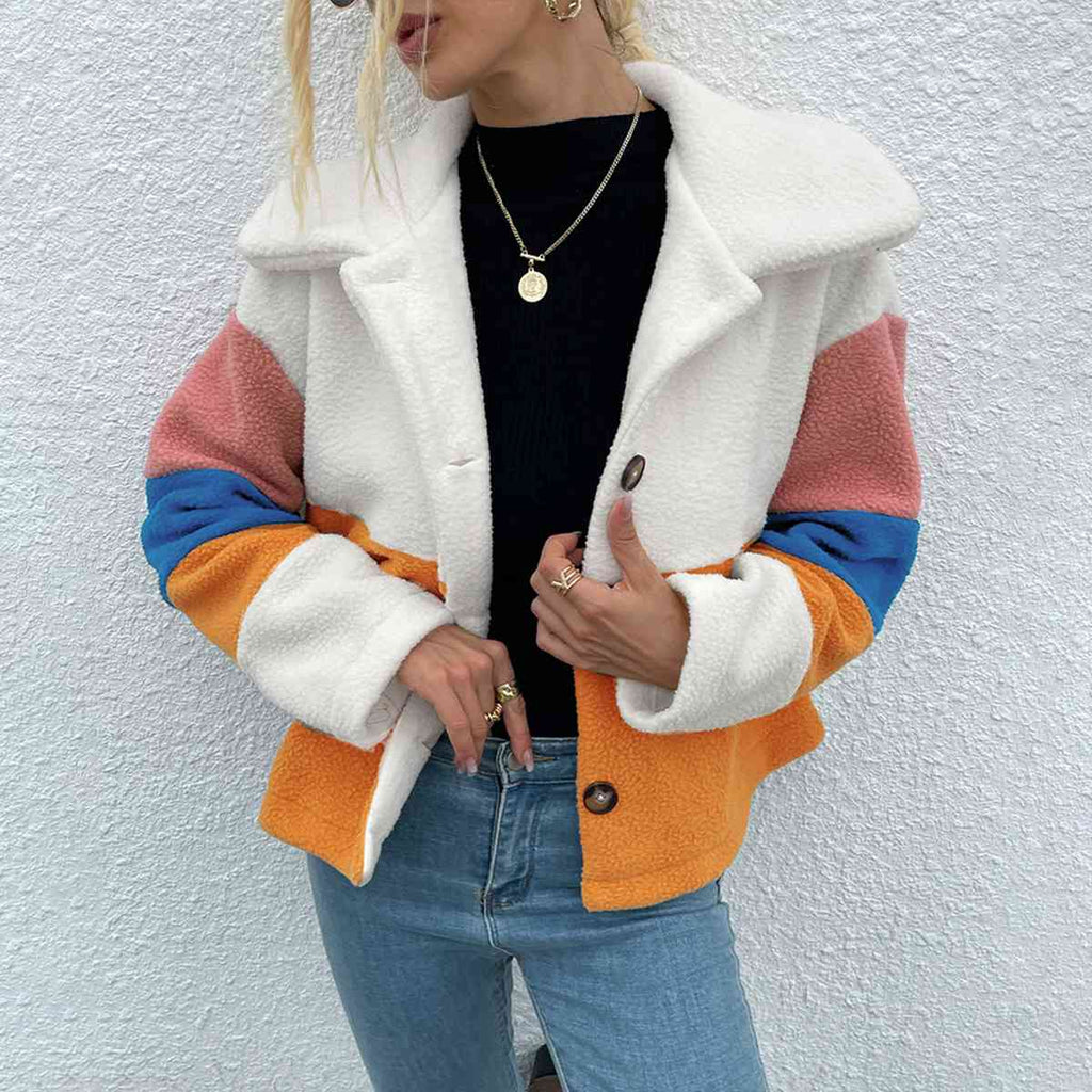 Color Block Button Down Collared Jacket Trendsi