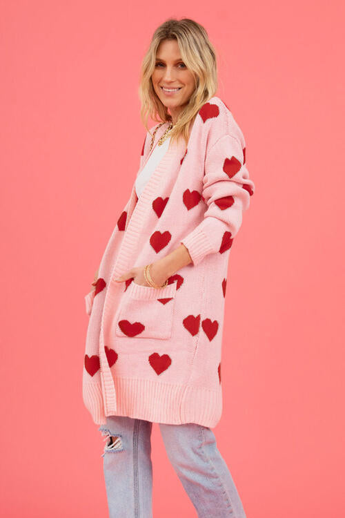 Heart Graphic Open Front Cardigan with Pockets Trendsi