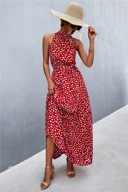 Printed Sleeveless Tie Waist Maxi Dress Trendsi