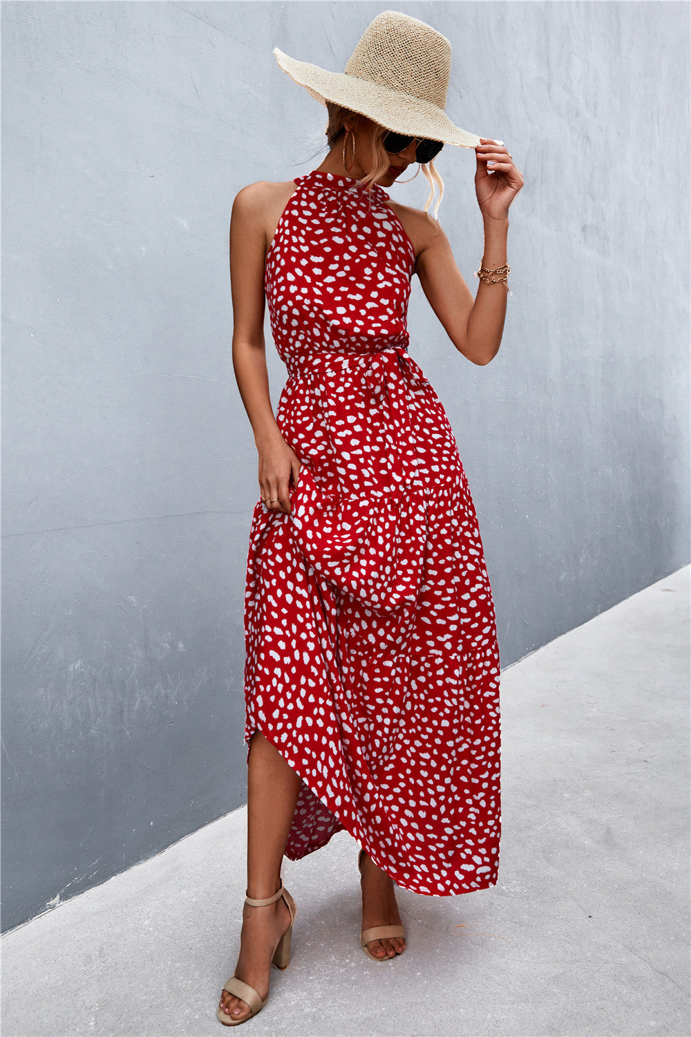 Printed Sleeveless Tie Waist Maxi Dress Trendsi