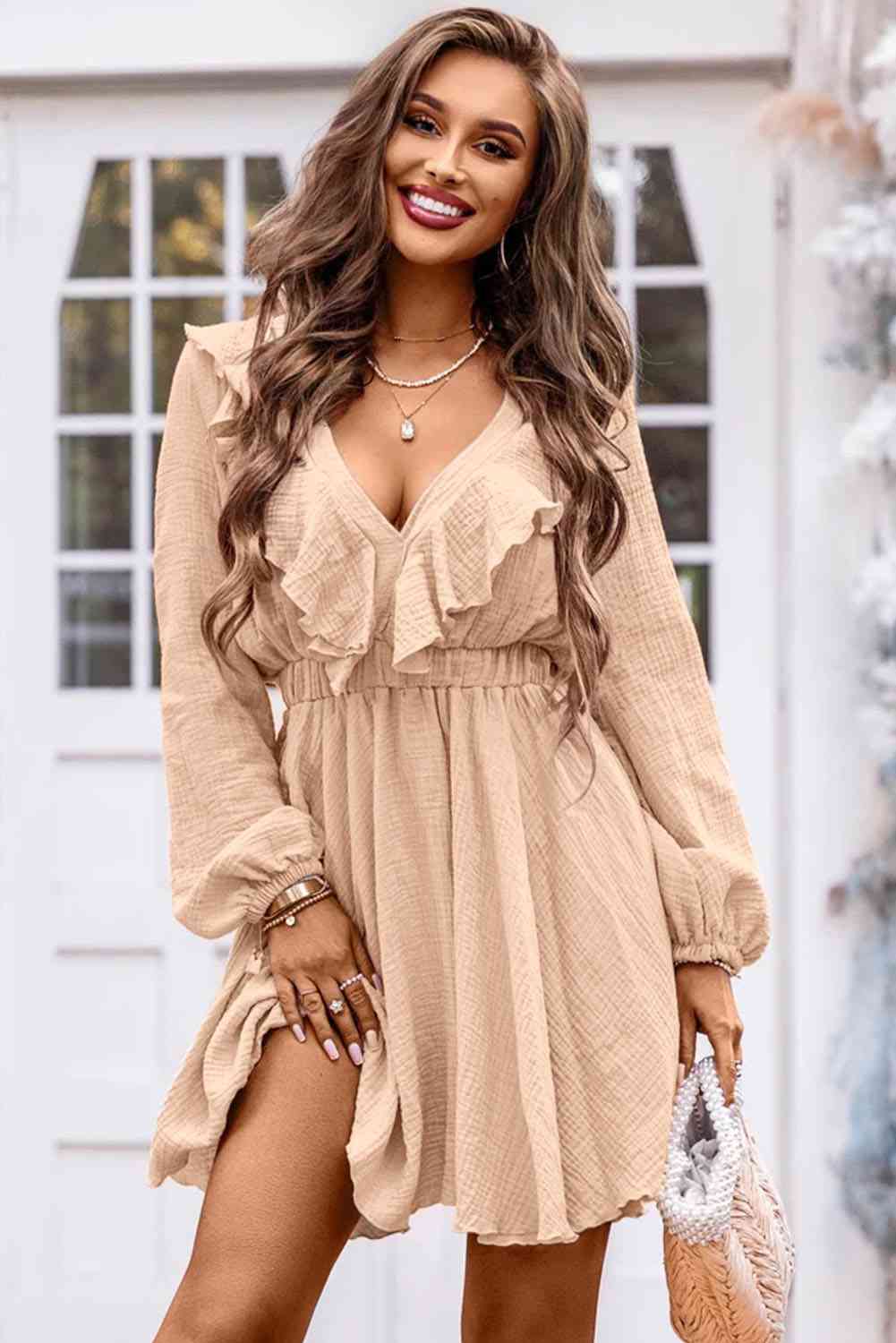 Ruffle Trim V-Neck Long Sleeve Mini Dress Trendsi