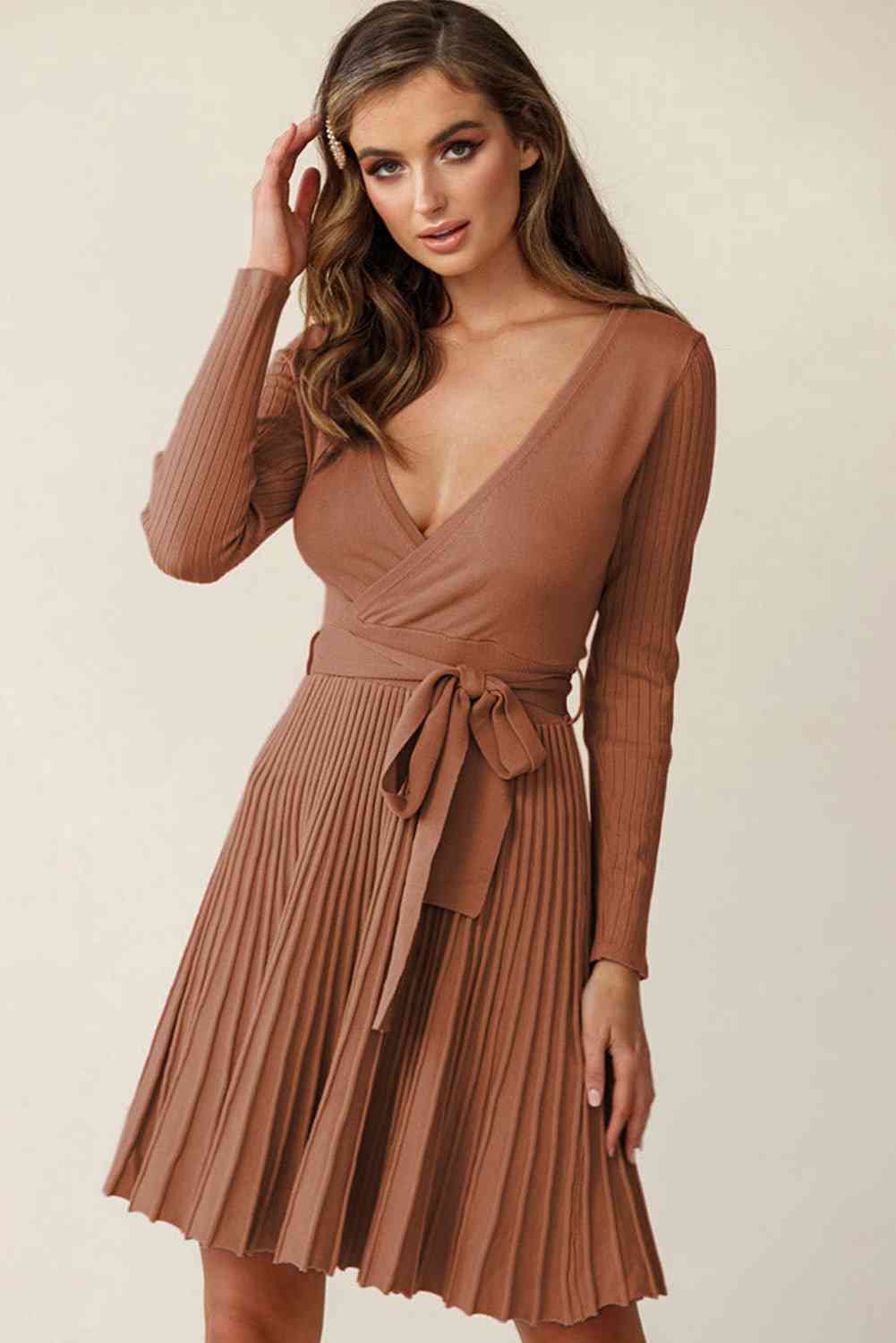 Surplice Neck Tie Waist Pleated Dress Trendsi