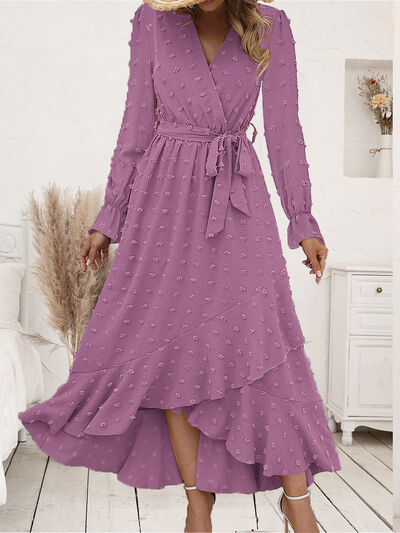 Swiss Dot Tie Waist Flounce Sleeve Dress Trendsi