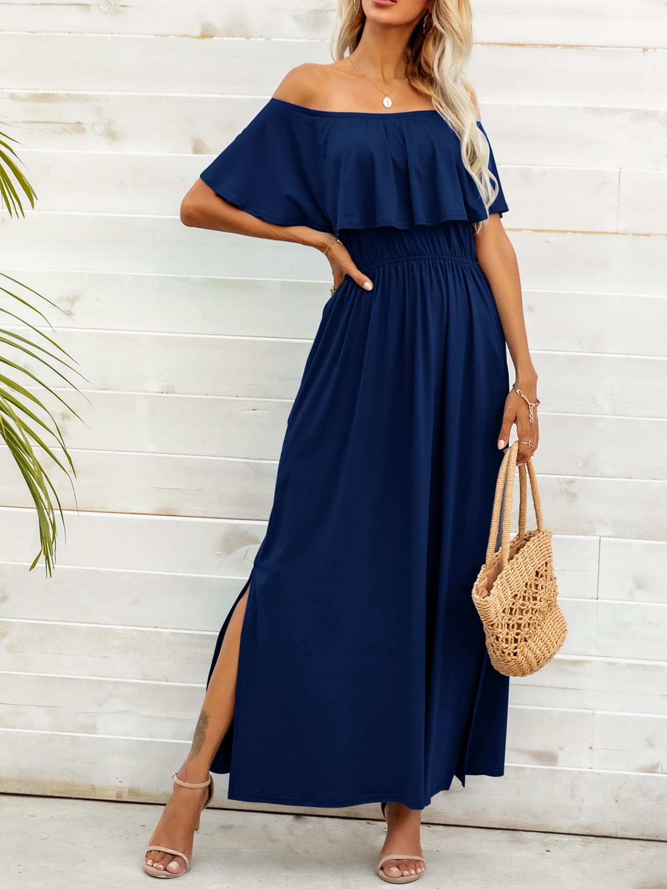 Off-Shoulder Slit Maxi Dress Trendsi