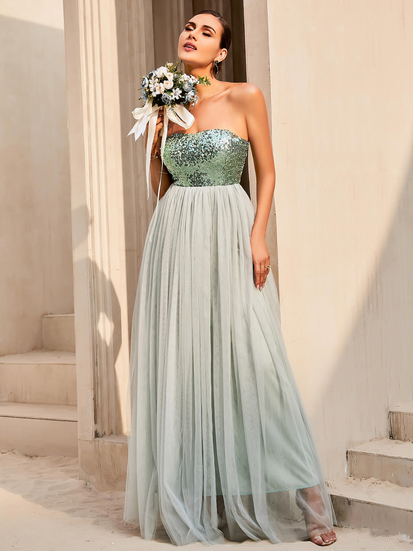 Sequin Strapless Spliced Tulle Dress Trendsi