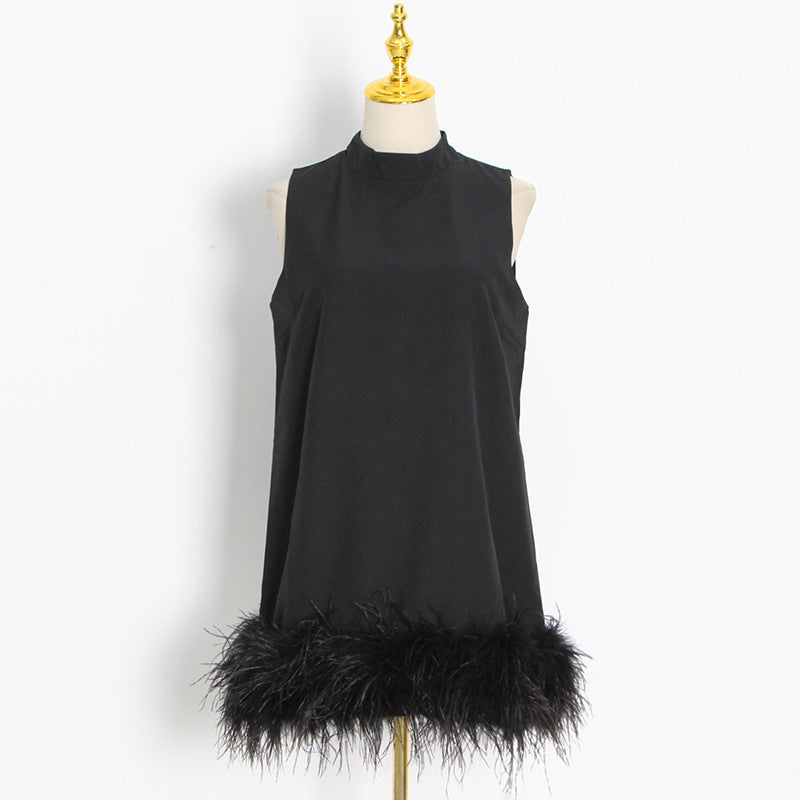 Layia Feather Half Turtleneck Sleeveless Dress-Black Aclosy