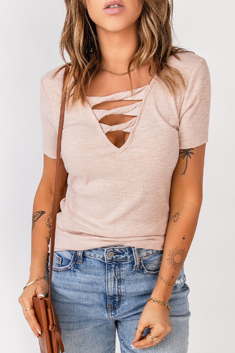 Strappy Ribbed Knit T-Shirt Trendsi