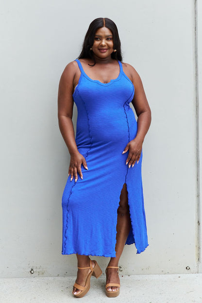 Culture Code Look At Me Full Size Notch Neck Maxi Dress with Slit in Cobalt Blue Trendsi