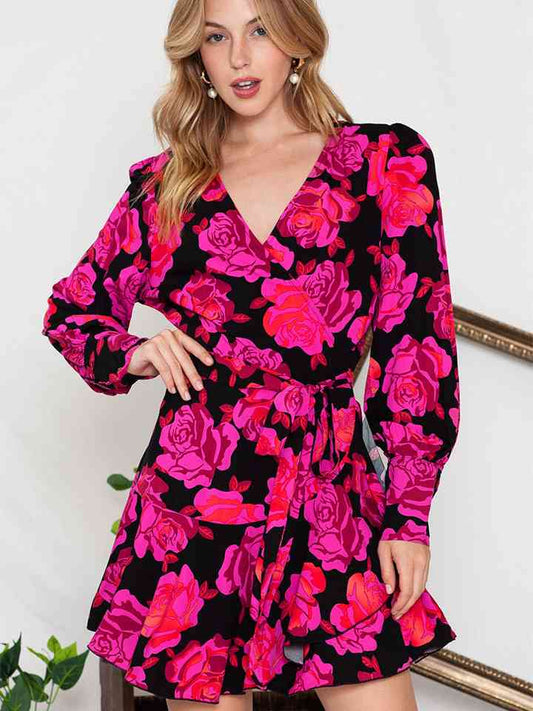 Floral Print Surplice Neck Long Sleeve Dress Trendsi