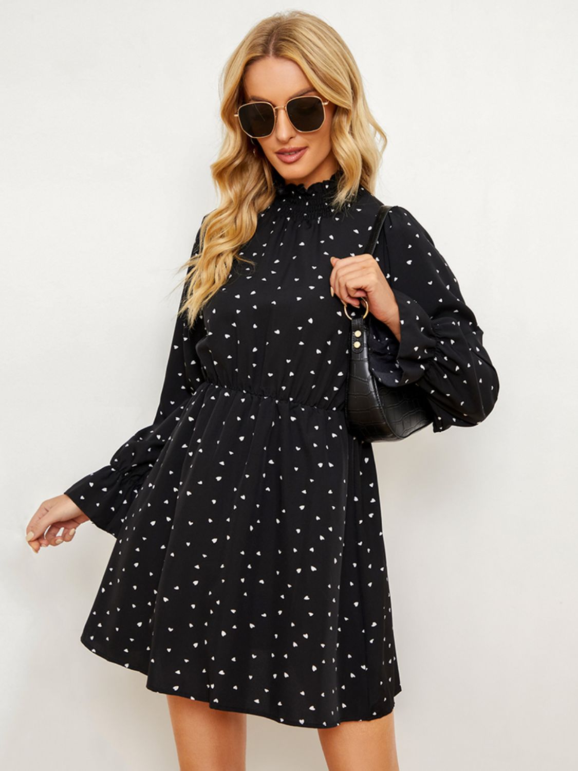 Printed  Long Flounce Sleeve Frill Neck Dress Trendsi