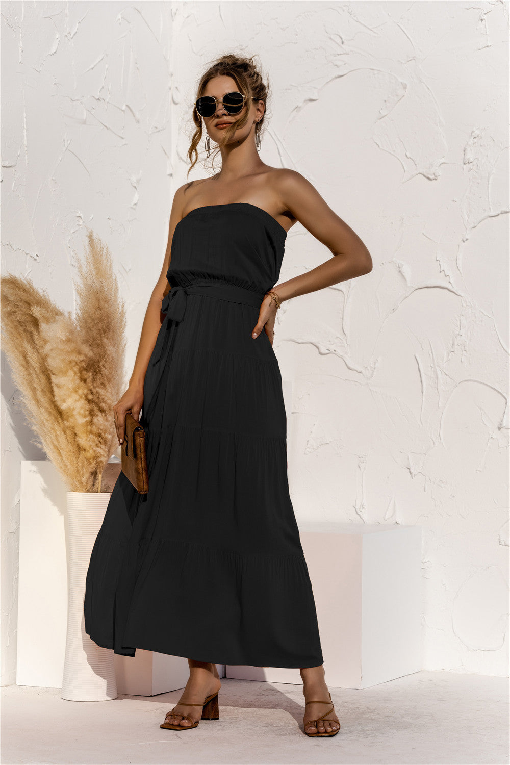 Strapless Tie Waist Tiered Maxi Dress Trendsi