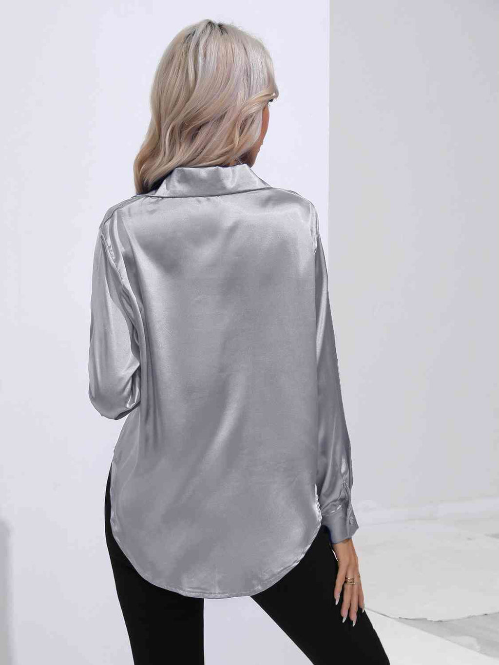 Collared Neck Buttoned Long Sleeve Shirt Trendsi