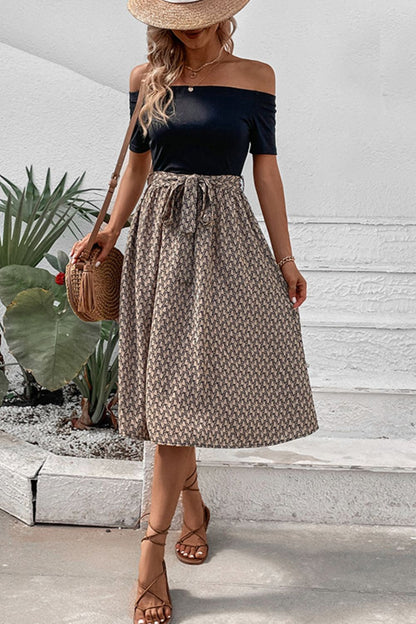 Printed Tie Belt Off-Shoulder Dress Trendsi