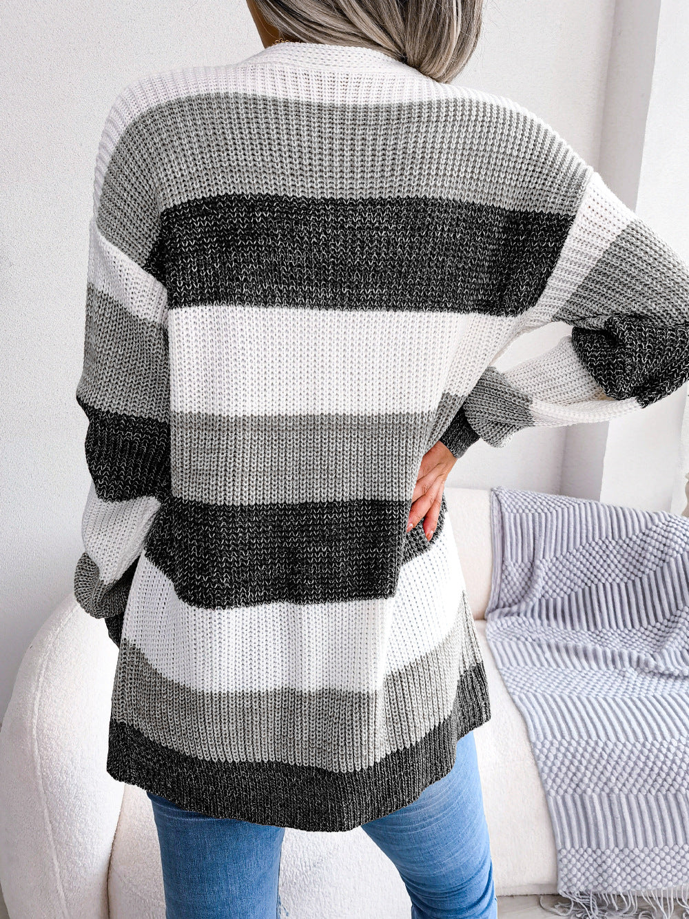Striped Rib-Knit Open Front Longline Cardigan Trendsi