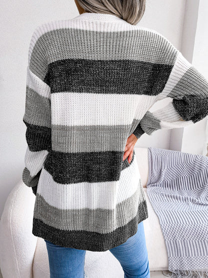 Striped Rib-Knit Open Front Longline Cardigan Trendsi