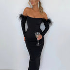 Backless Long Sleeve Feather Dress aclosy