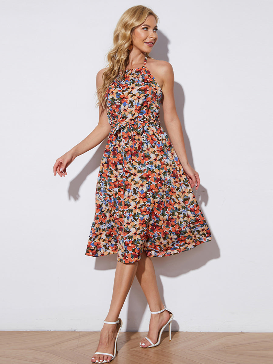 Floral Halter Neck Tie-Waist Backless Dress Trendsi