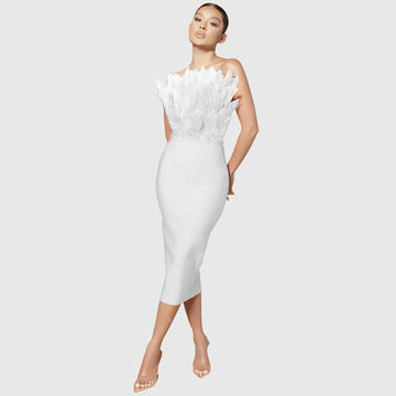 Winter New Feather Tube Top Dress Elegant Graceful White / Xs Winter New Feather Tube Top Dress Elegant Graceful White / Xs