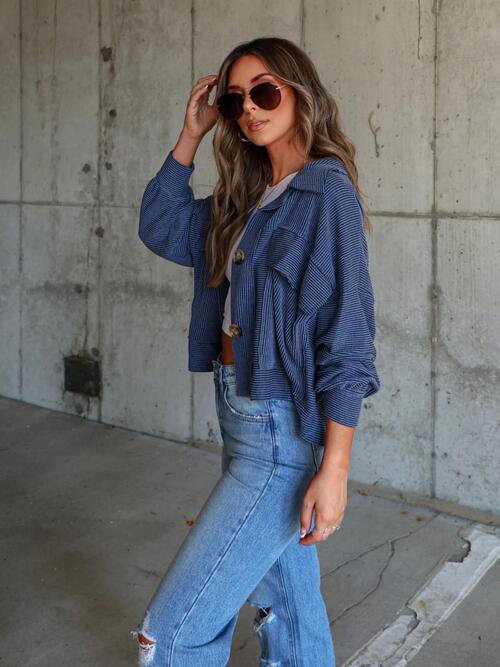 Ribbed Collared Neck Button Up Jacket Trendsi
