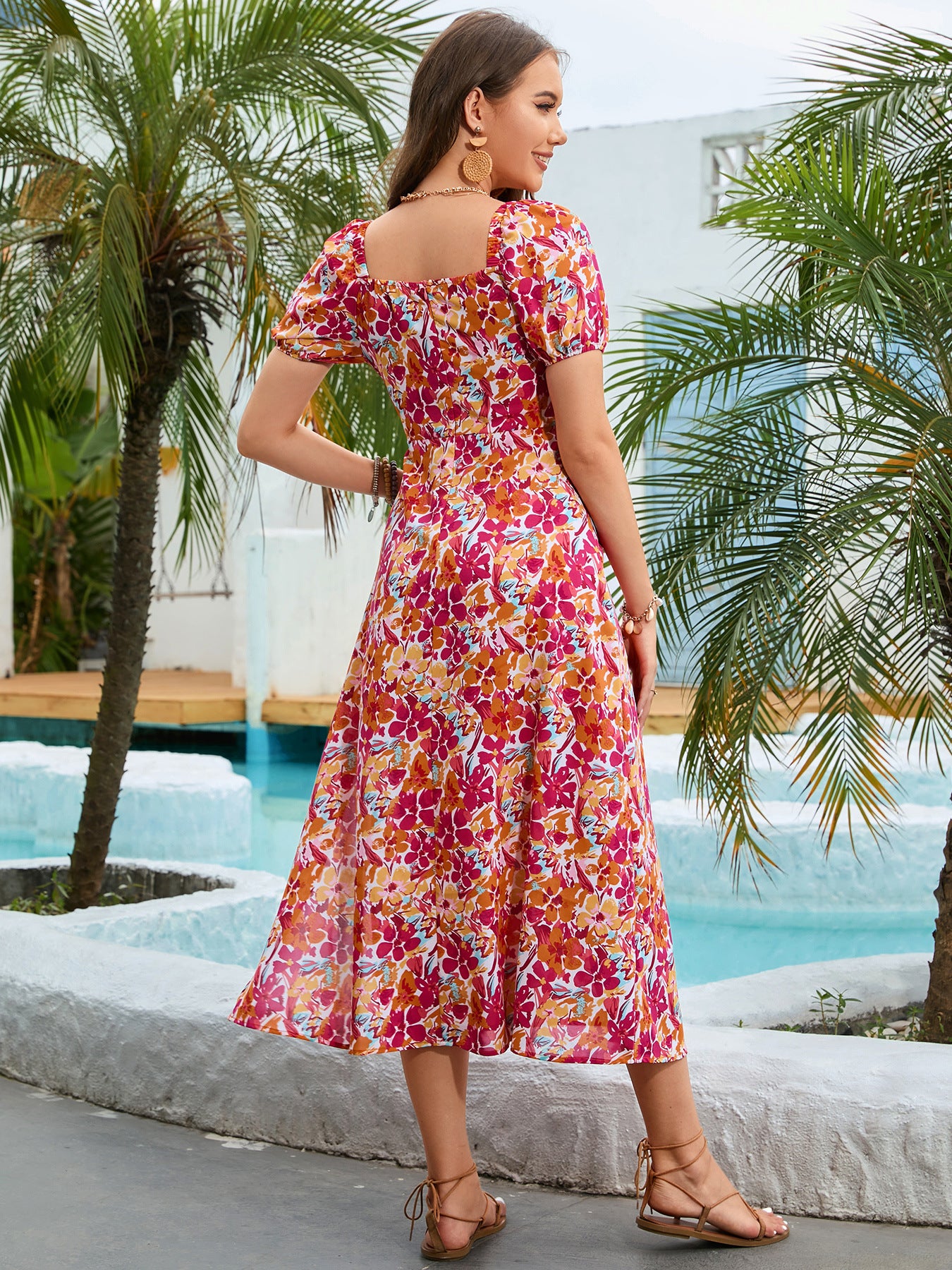 Floral Square Neck Short Sleeve Midi Dress Trendsi