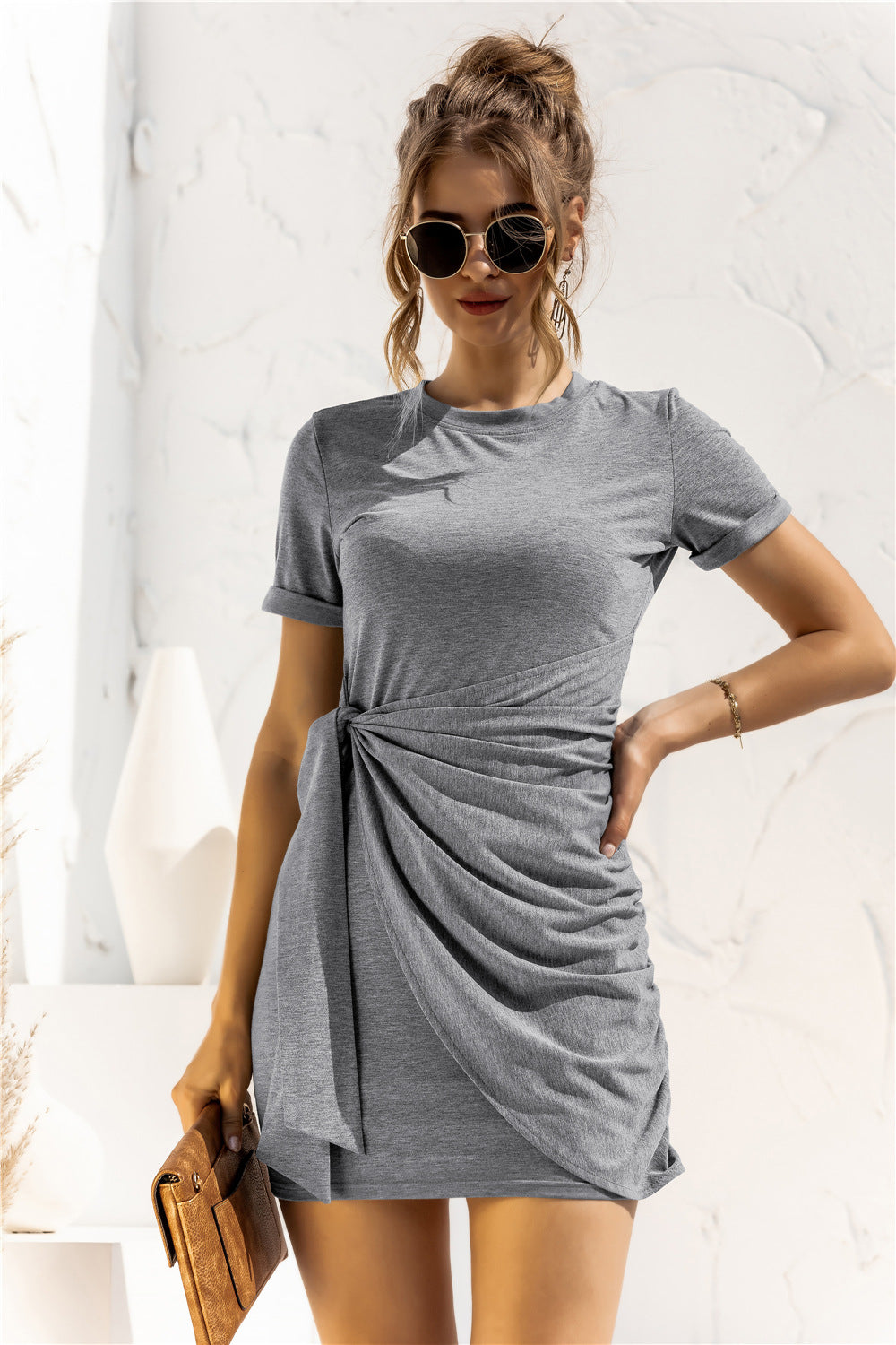 Round Neck Cuffed Sleeve Side Tie Dress Trendsi