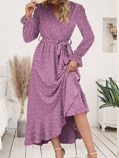 Swiss Dot Tie Waist Flounce Sleeve Dress Trendsi