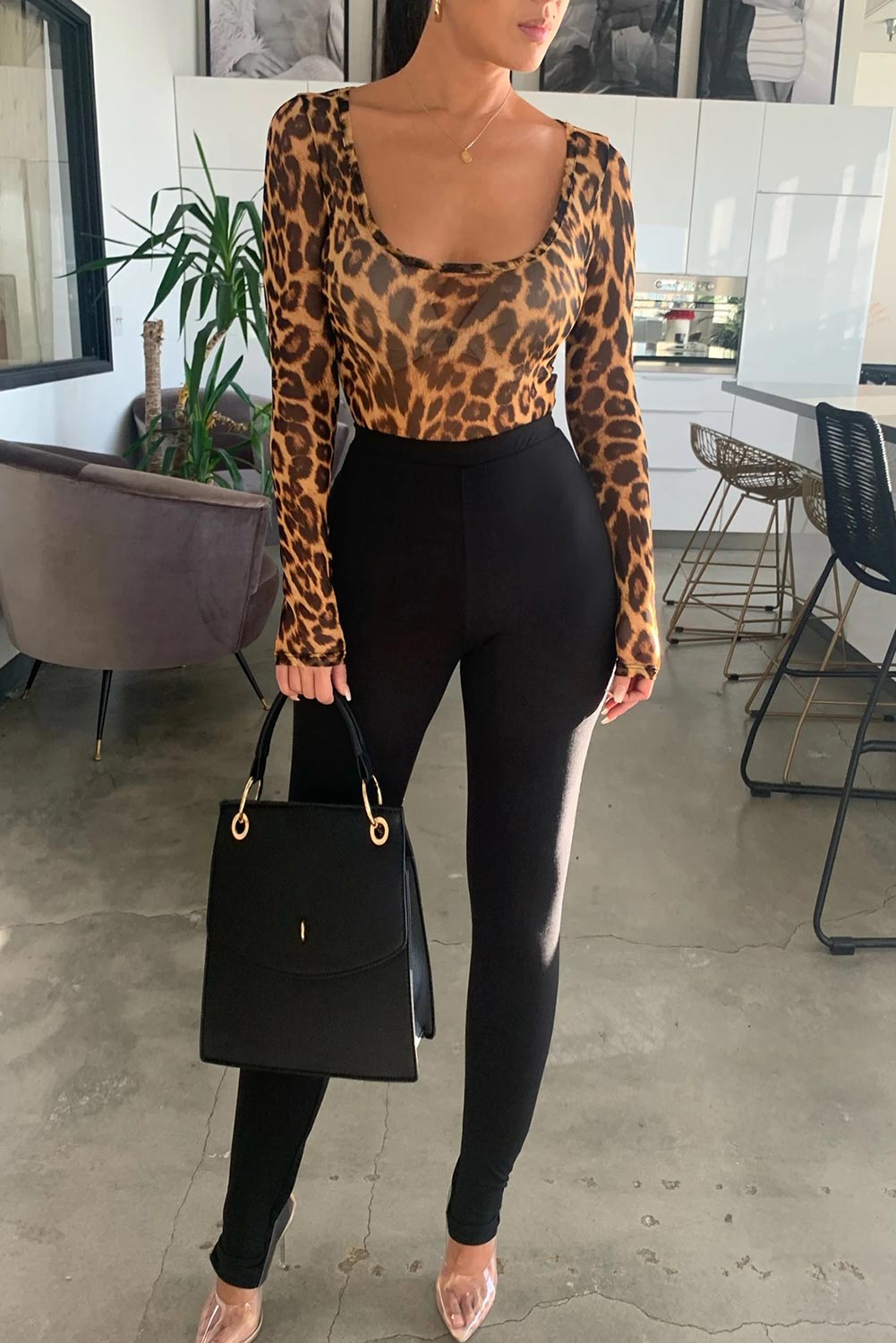 Scoop Neck Cheetah Mesh Bodysuit Trendsi