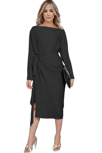 Boat Neck Long Sleeve Twisted Midi Dress Trendsi