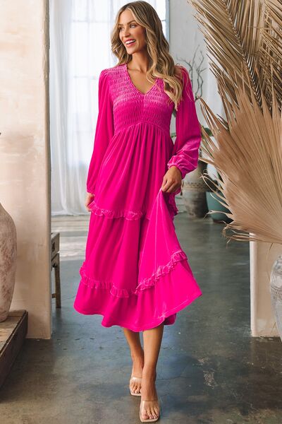 Frill V-Neck Balloon Sleeve Tiered Dress Trendsi