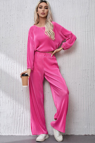 Ribbed Round Neck Top and Pants Set Trendsi