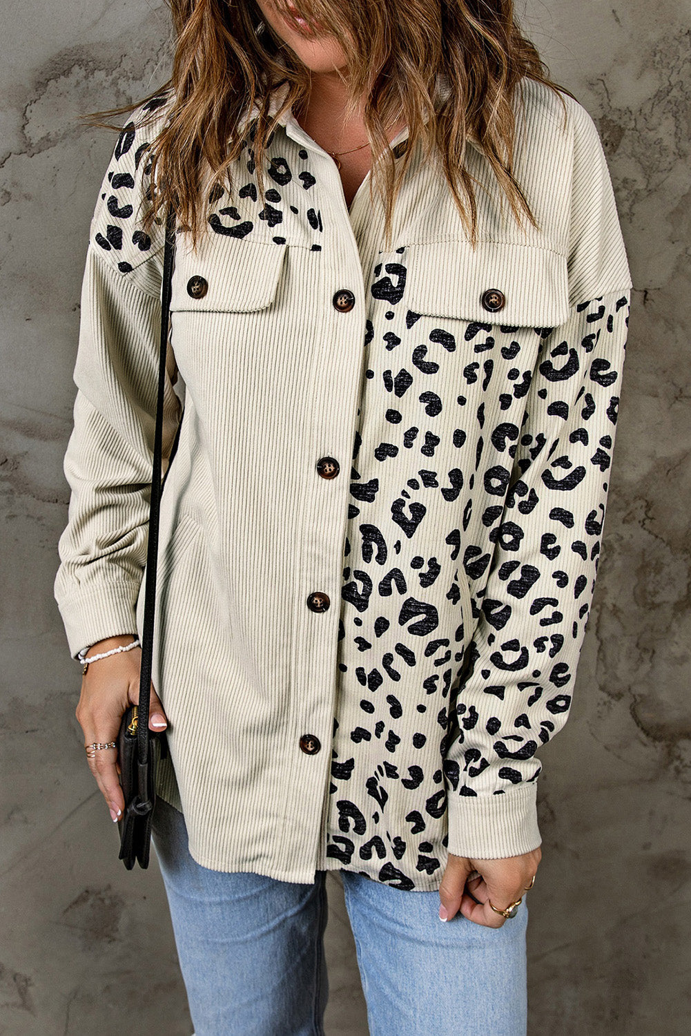 Leopard Print Pocketed Corduroy Jacket Trendsi